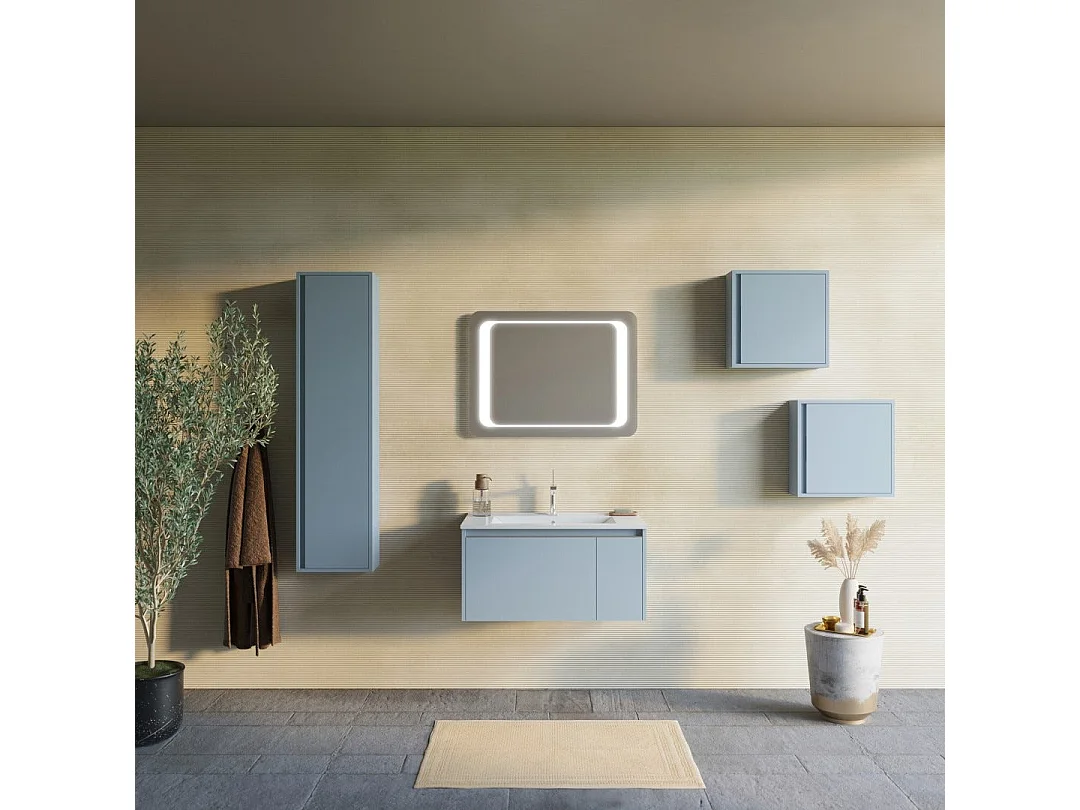 Meuble De Salle De Bains Mural 80Cm Bleu Clair Et Miroir Avec Cadre À Led | Monaco