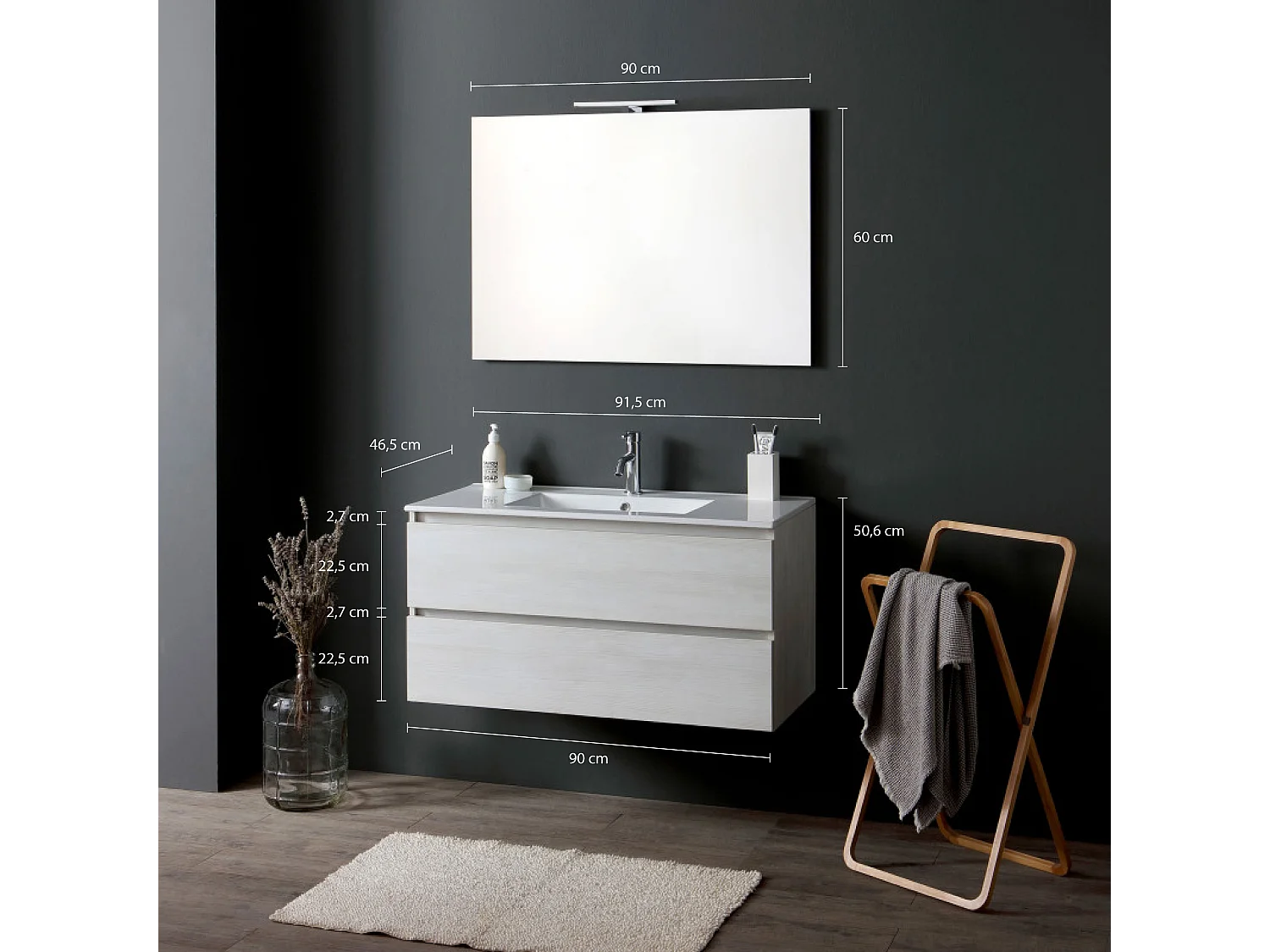 Meuble De Salle De Bains Suspendu 90 Cm Avec Tiroirs Blanc Effet Bois | Berlin