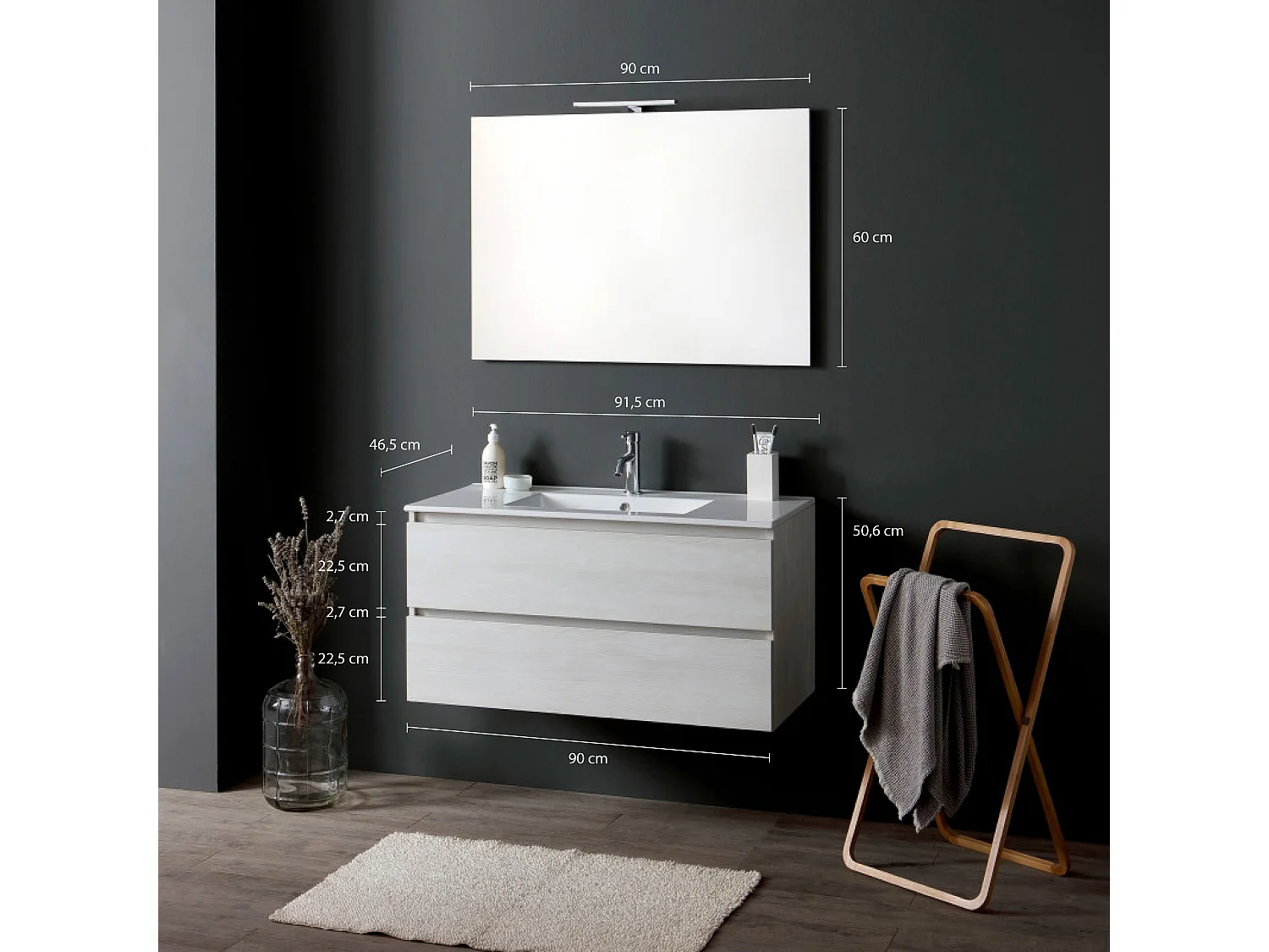 Meuble De Salle De Bains Suspendu 90 Cm Avec Tiroirs Blanc Effet Bois | Berlin