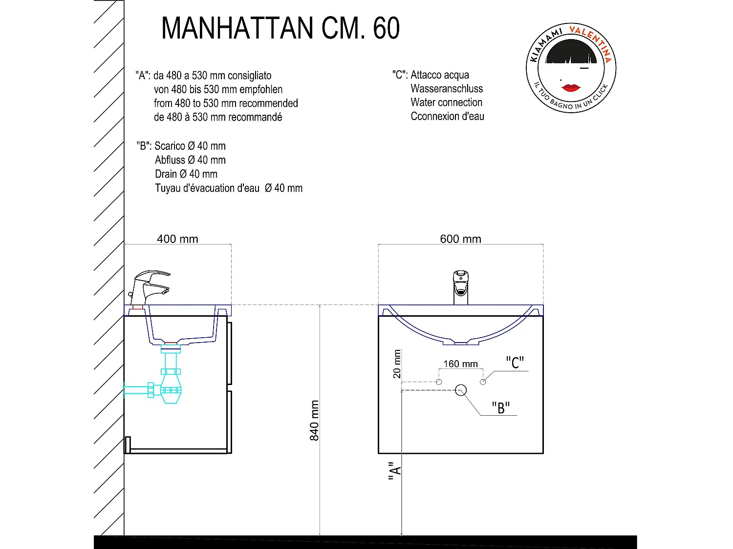 Meuble De Salle De Bains 60 Cm Suspendu Avec Deux Portes Gris | Manhattan
