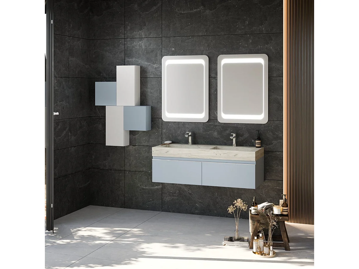 Armoire De Toilette Murale 120Cm Bleu Pastel Double Vasque Hpl | Diamante