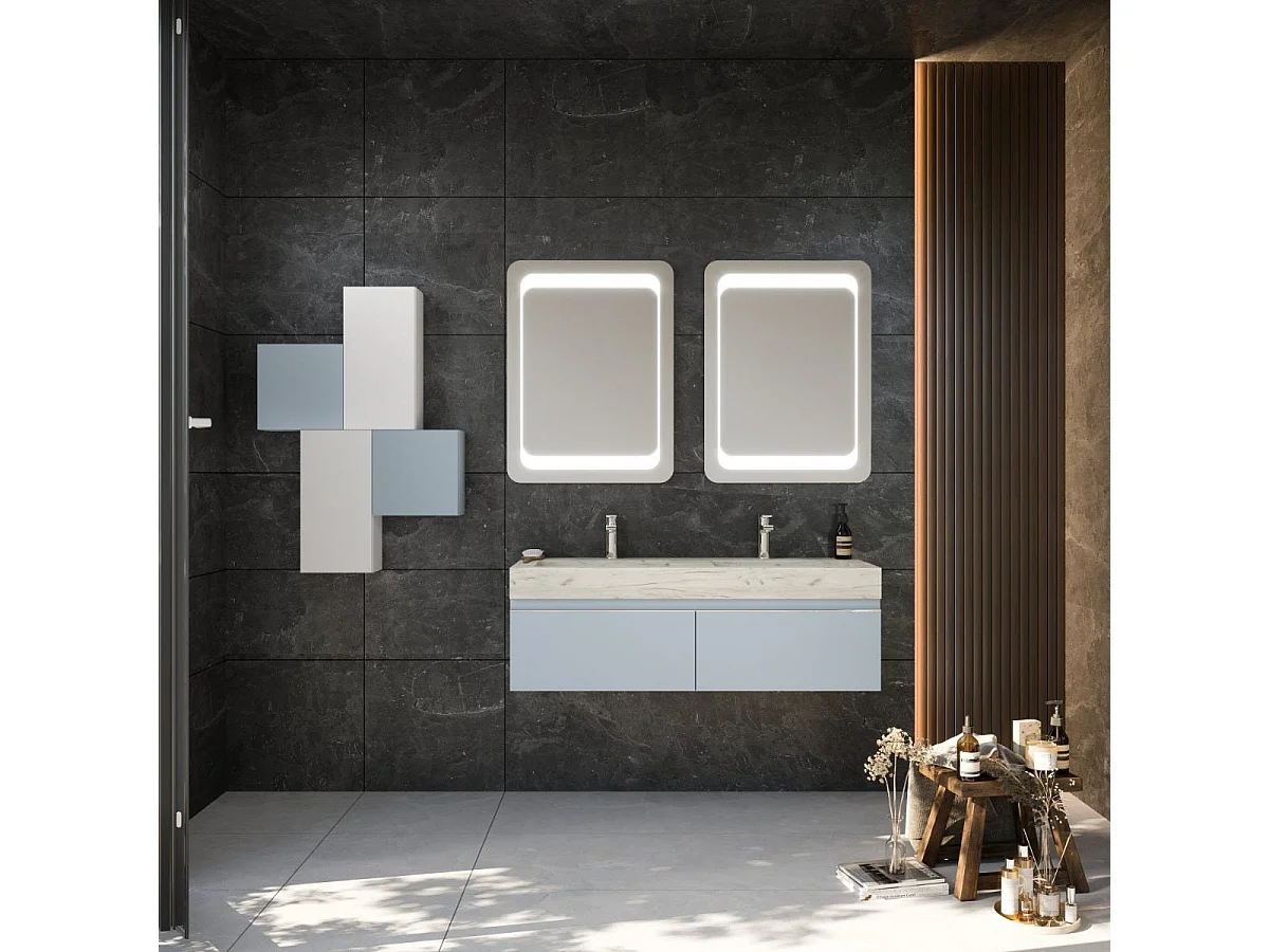 Armoire De Toilette Murale 120Cm Bleu Pastel Double Vasque Hpl | Diamante