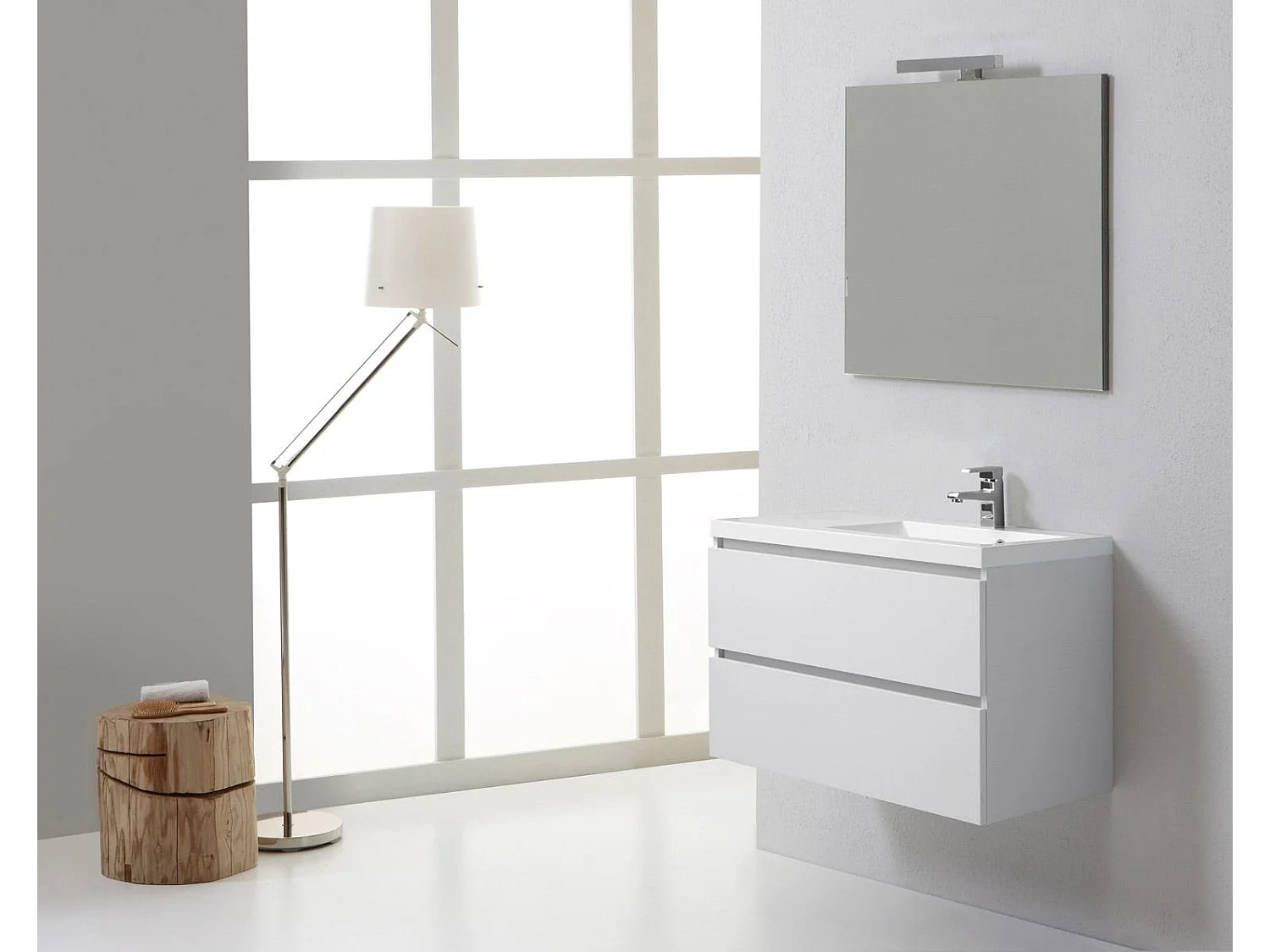 Meuble De Salle De Bains 90 Cm Avec Tiroirs Droite En Bois Blanchi | Manhattan