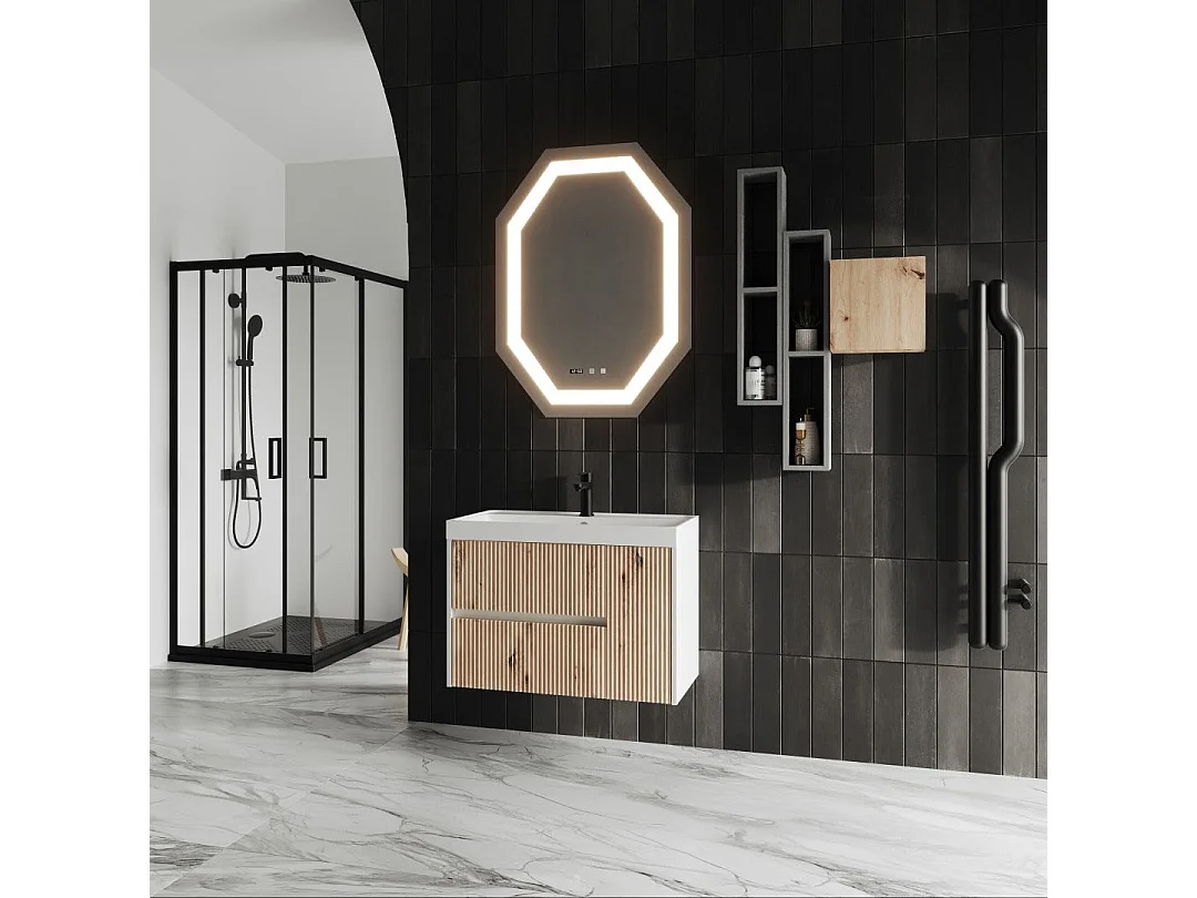 Meuble De Salle De Bain Suspendu 80Cm En Chêne Doré Cannelé | Cortina