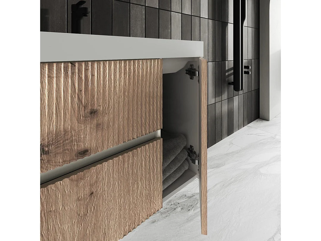 Meuble De Salle De Bain Suspendu 80Cm En Chêne Doré Cannelé | Cortina