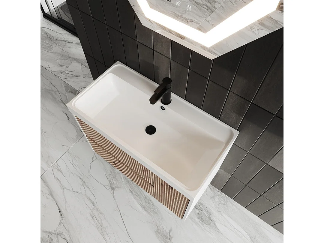 Meuble De Salle De Bain Suspendu 80Cm En Chêne Doré Cannelé | Cortina