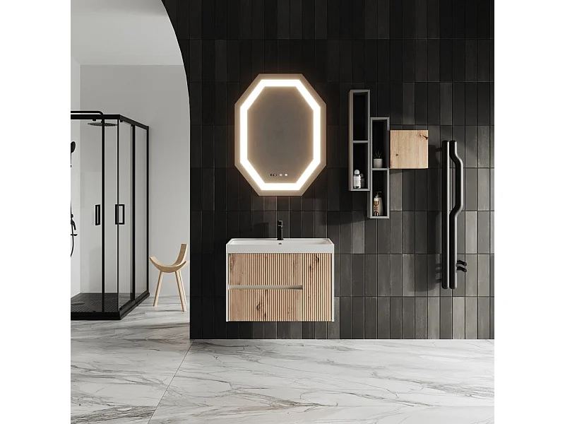 Meuble De Salle De Bain Suspendu 80Cm En Chêne Doré Cannelé | Cortina