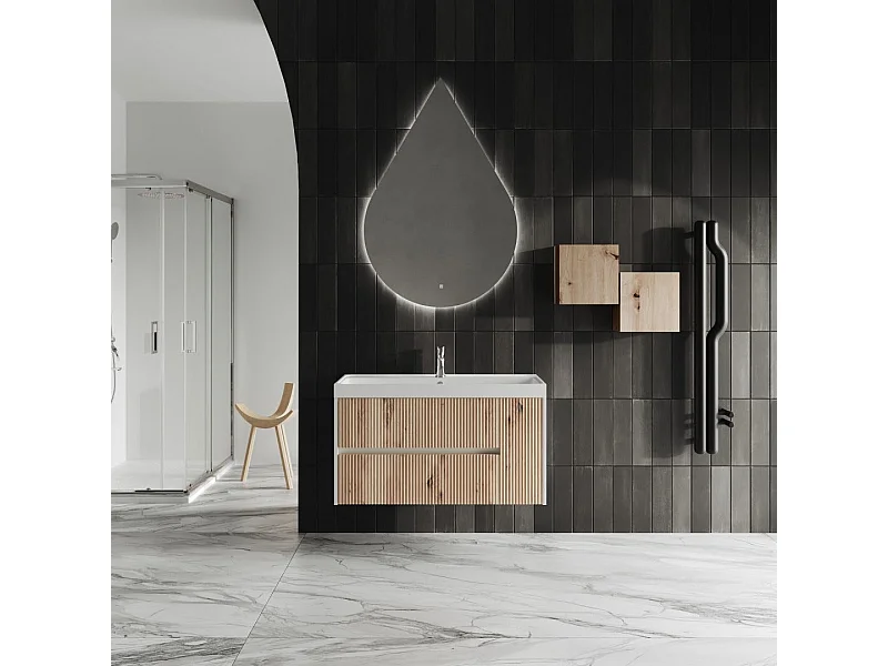 Mobilier De Salle De Bains Suspendu 100Cm Chêne Doré Cannetté | Cortina