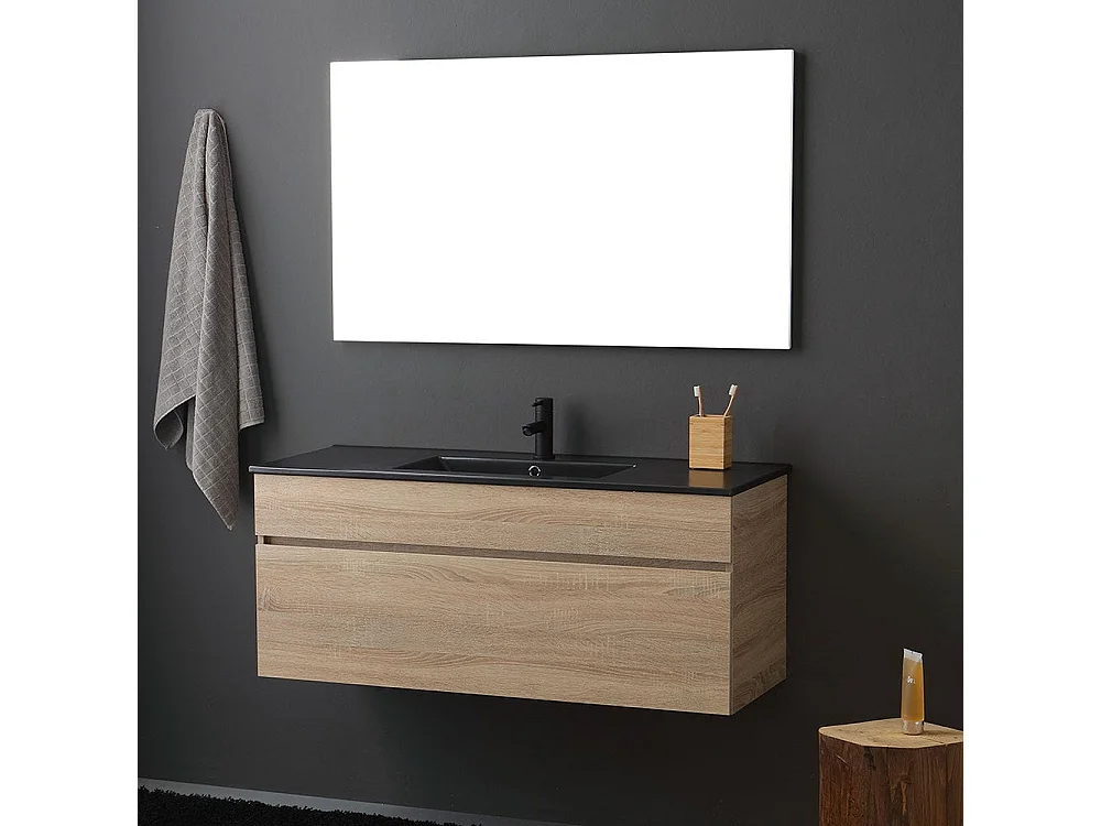 Meuble De Salle De Bain Cm120 En Chêne Aspect Bois Avec Lavabo Noir Mat Et Miroir | Sole