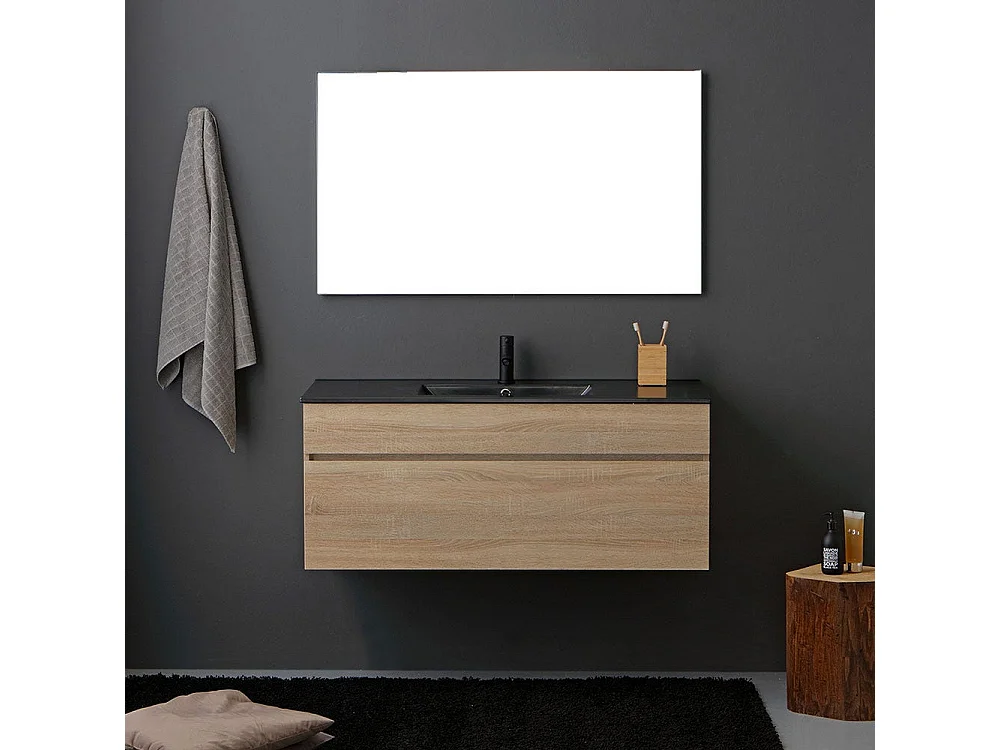 Meuble De Salle De Bain Cm120 En Chêne Aspect Bois Avec Lavabo Noir Mat Et Miroir | Sole
