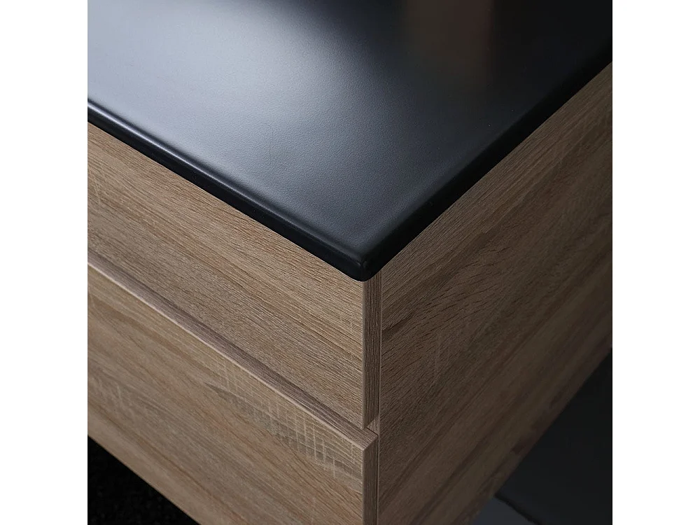 Meuble De Salle De Bain Cm120 En Chêne Aspect Bois Avec Lavabo Noir Mat Et Miroir | Sole