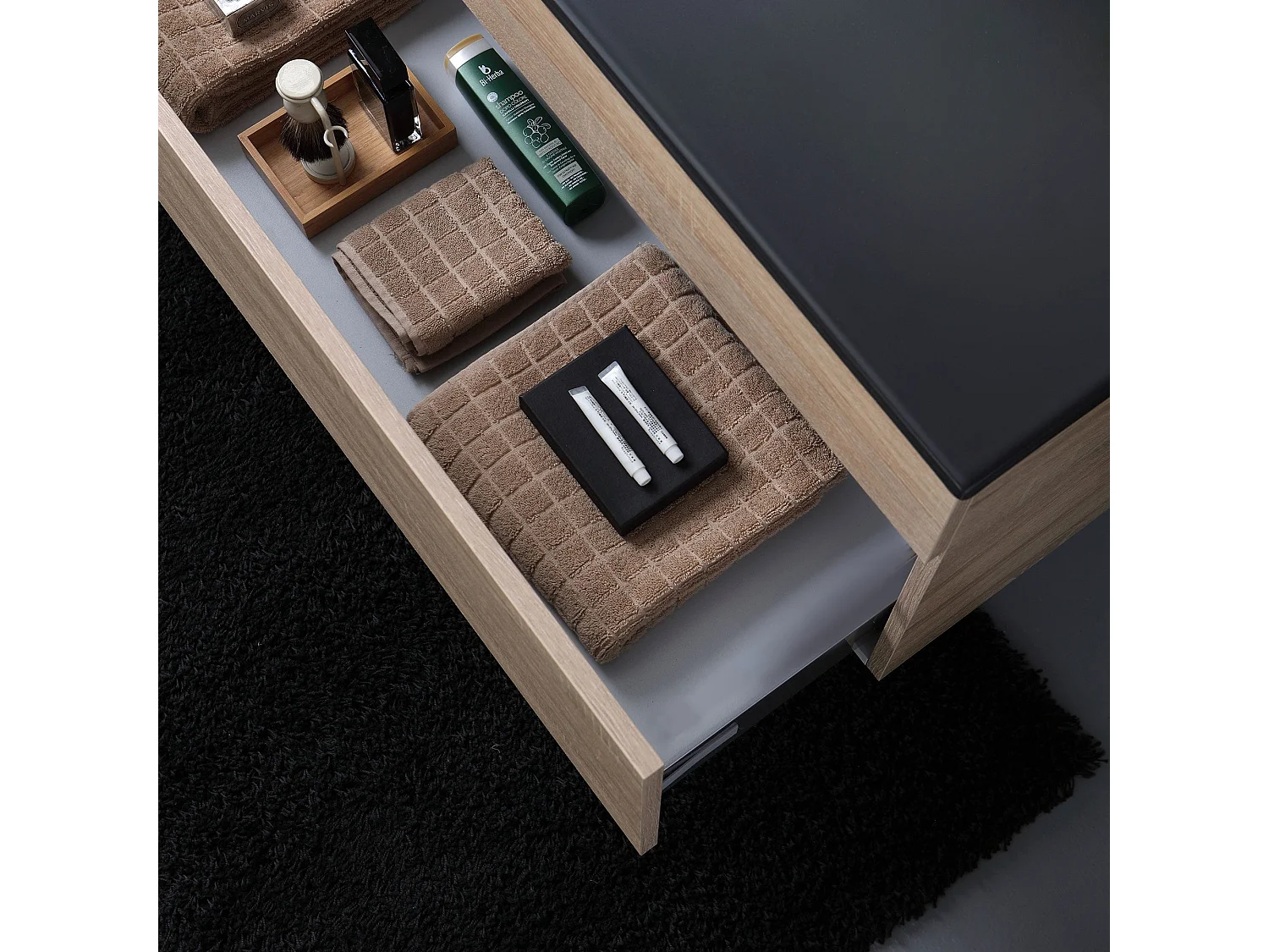 Meuble De Salle De Bain Cm120 En Chêne Aspect Bois Avec Lavabo Noir Mat Et Miroir | Sole