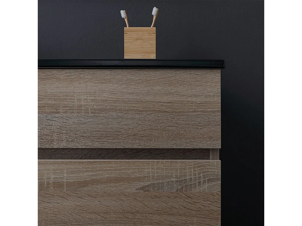 Meuble De Salle De Bain Cm120 En Chêne Aspect Bois Avec Lavabo Noir Mat Et Miroir | Sole