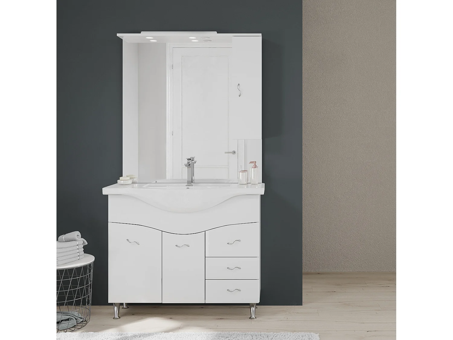 Meuble Salle De Bain 105 Cm Classique Avec Lavabo Et Miroir | Easy