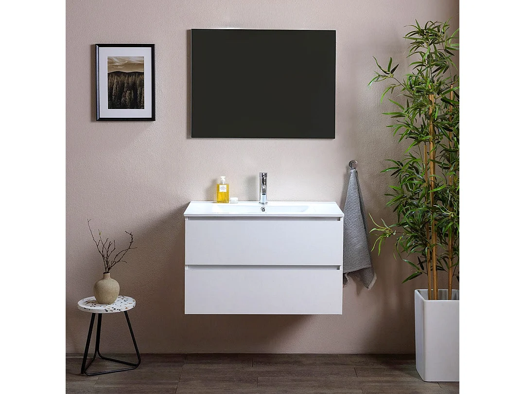 Meuble De Salle De Bains 80 Cm Avec Deux Tiroirs En Bois Blanc, Lavabo En Céramique | Berlin