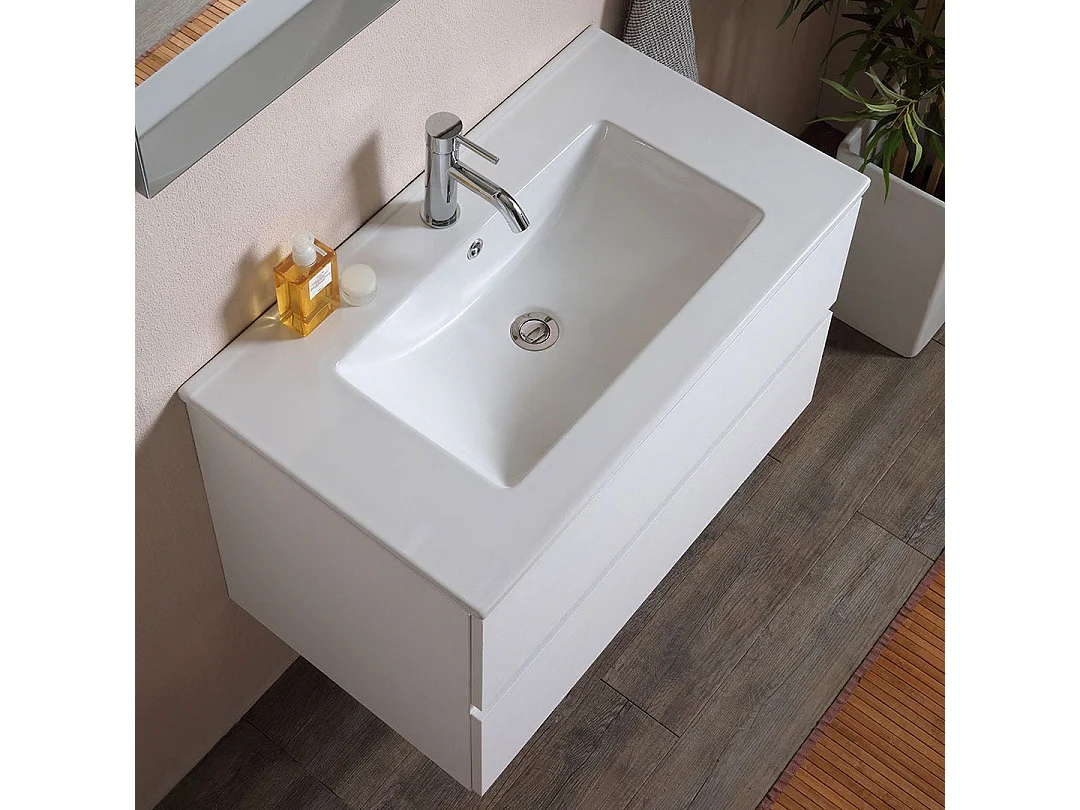 Meuble De Salle De Bains 80 Cm Avec Deux Tiroirs En Bois Blanc, Lavabo En Céramique | Berlin