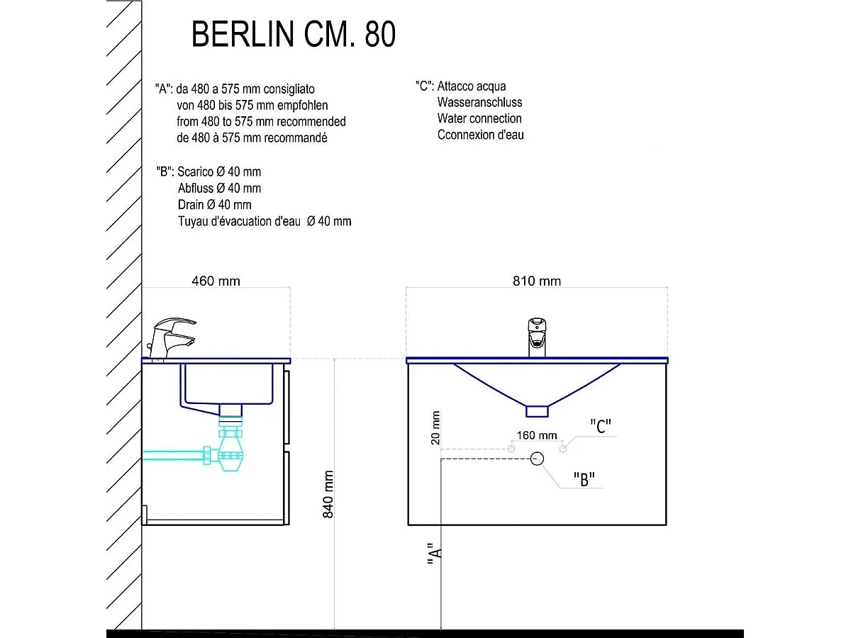 Meuble De Salle De Bains 80 Cm Avec Deux Tiroirs En Bois Blanc, Lavabo En Céramique | Berlin
