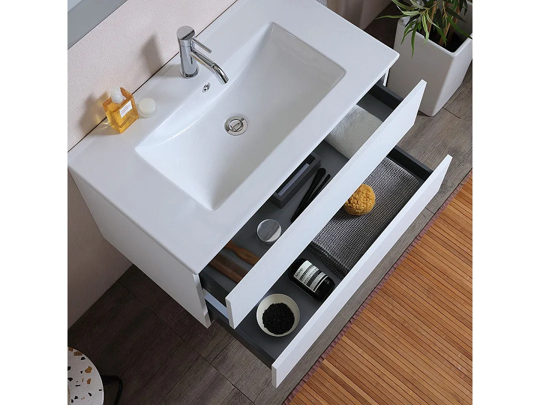 Meuble De Salle De Bains 80 Cm Avec Deux Tiroirs En Bois Blanc, Lavabo En Céramique | Berlin