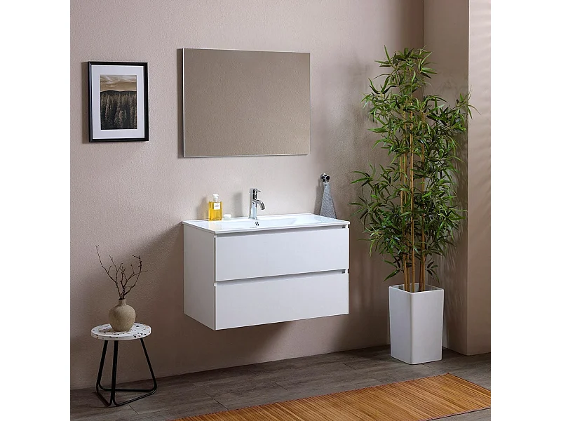 Meuble De Salle De Bains 80 Cm Avec Deux Tiroirs En Bois Blanc, Lavabo En Céramique | Berlin