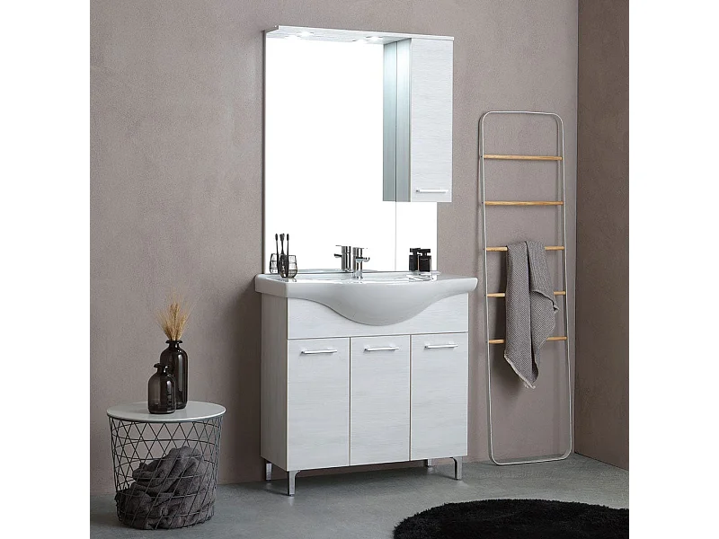 Meuble De Salle De Bains Au Sol 85 Cm Chêne Blanc Effet Bois | Rimini