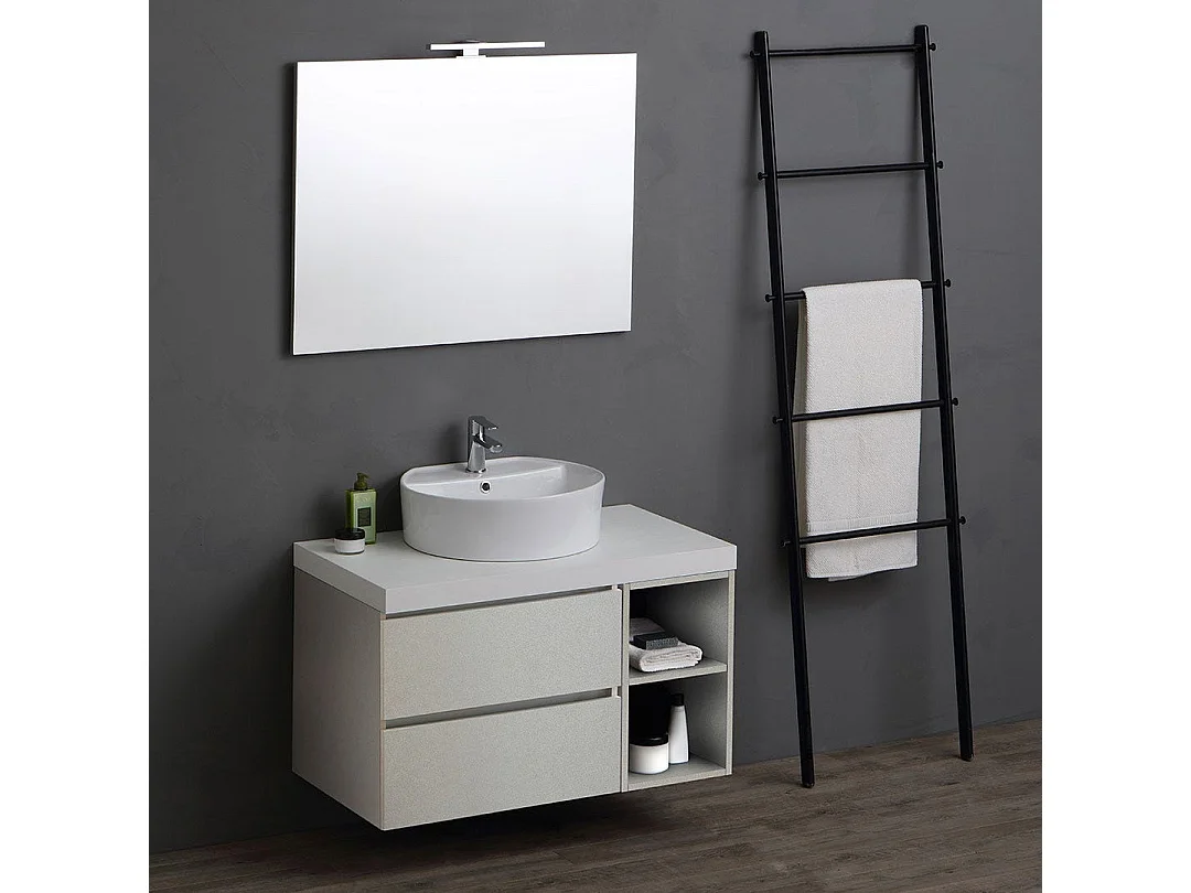 Meuble De Salle De Bain Suspendu 90Cm 2 Tiroirs, Espace Ouvert Gris Perle | Valentina