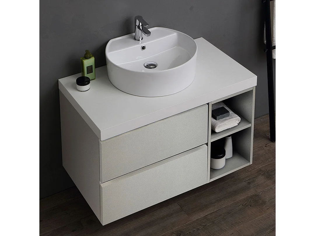 Meuble De Salle De Bain Suspendu 90Cm 2 Tiroirs, Espace Ouvert Gris Perle | Valentina