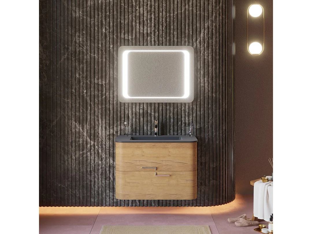 Meuble De Salle De Bains Mural 80Cm Tiroirs Chêne Miel, Lavabo Noir Mat | Hollywood