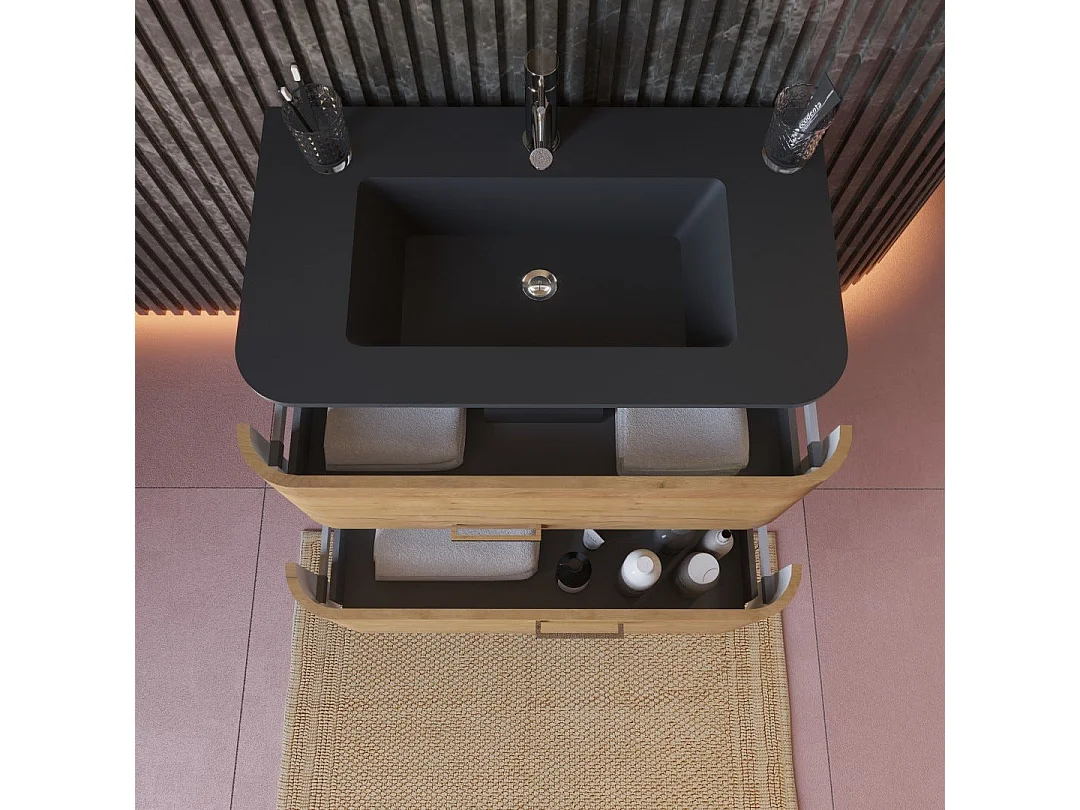 Meuble De Salle De Bains Mural 80Cm Tiroirs Chêne Miel, Lavabo Noir Mat | Hollywood