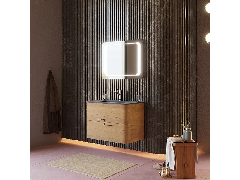 Meuble De Salle De Bains Mural 80Cm Tiroirs Chêne Miel, Lavabo Noir Mat | Hollywood