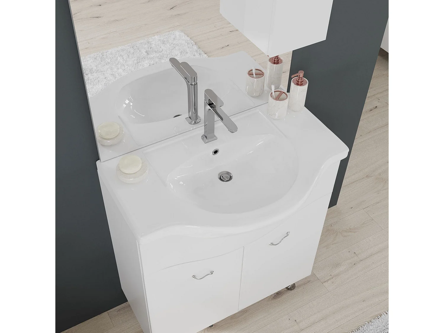 Armoire De Toilette 75 Cm 2 Portes Et Meuble Haut En Blanc Brillant | Easy