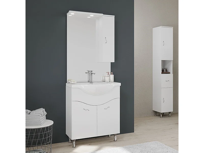 Armoire De Toilette 75 Cm 2 Portes Et Meuble Haut En Blanc Brillant | Easy