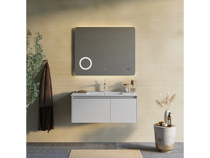 Armoire De Toilette Murale 100Cm Grise Avec Miroir À Led Et Horloge | Monaco