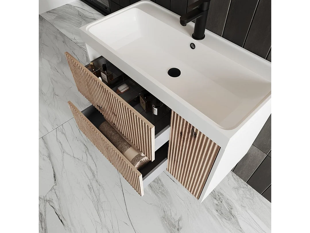 Meuble De Salle De Bains Avec Vasque 80Cm Chêne Doré Cannelé | Cortina