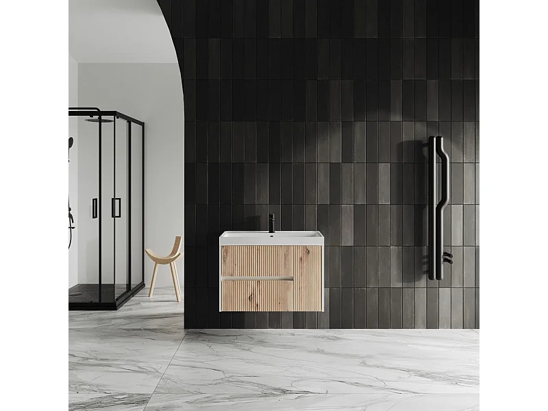 Meuble De Salle De Bains Avec Vasque 80Cm Chêne Doré Cannelé | Cortina