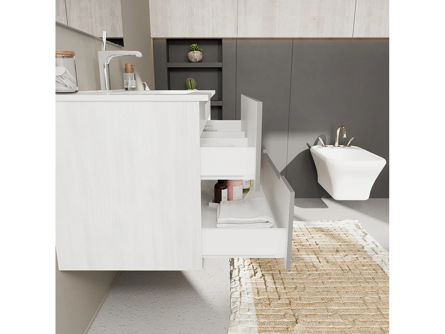 Meuble De Salle De Bain Bicolore 80Cm Chêne Blanc, 2 Tiroirs Gris | Magnolia