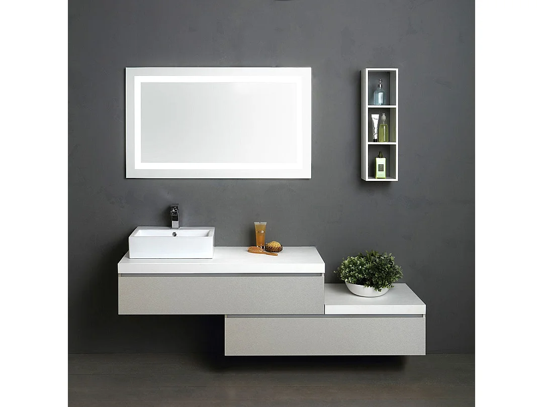 Meuble De Salle De Bain 180Cm 2 Tiroirs Gris Perle Et Plateau Blanc | Valentina