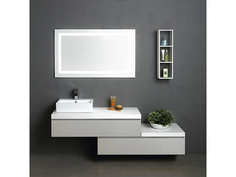 Meuble De Salle De Bain 180Cm 2 Tiroirs Gris Perle Et Plateau Blanc | Valentina