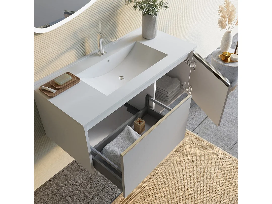 Meuble De Salle De Bains Mural 100Cm Gris Clair Miroir Mat 100X85 | Monaco