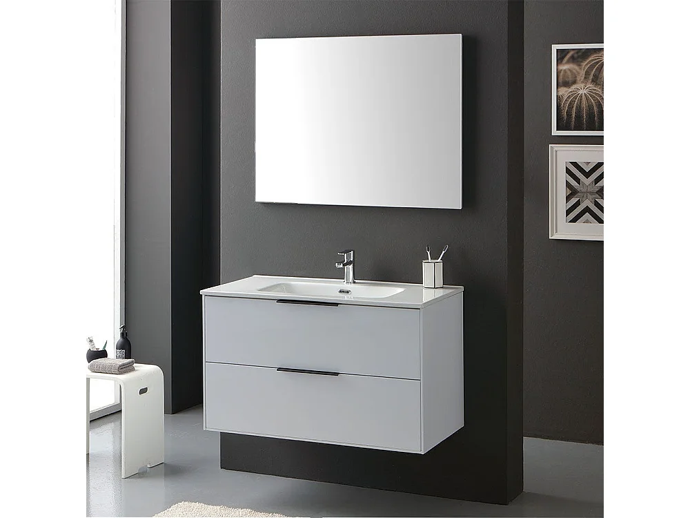 Meuble Blanc Brillant Pour Salle De Bain 90Cm, Poignées Noires Et Miroir Avec Bords Polis | Parigi