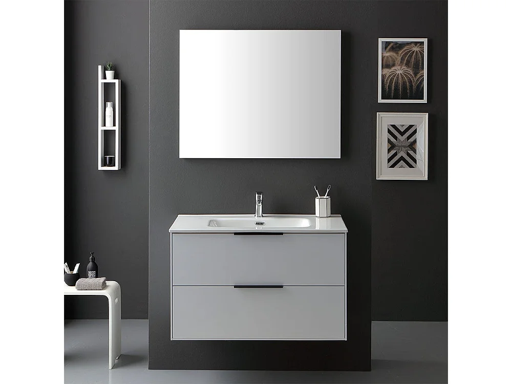 Meuble Blanc Brillant Pour Salle De Bain 90Cm, Poignées Noires Et Miroir Avec Bords Polis | Parigi