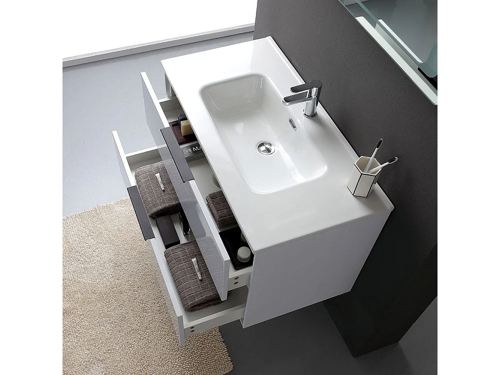 Meuble Blanc Brillant Pour Salle De Bain 90Cm, Poignées Noires Et Miroir Avec Bords Polis | Parigi