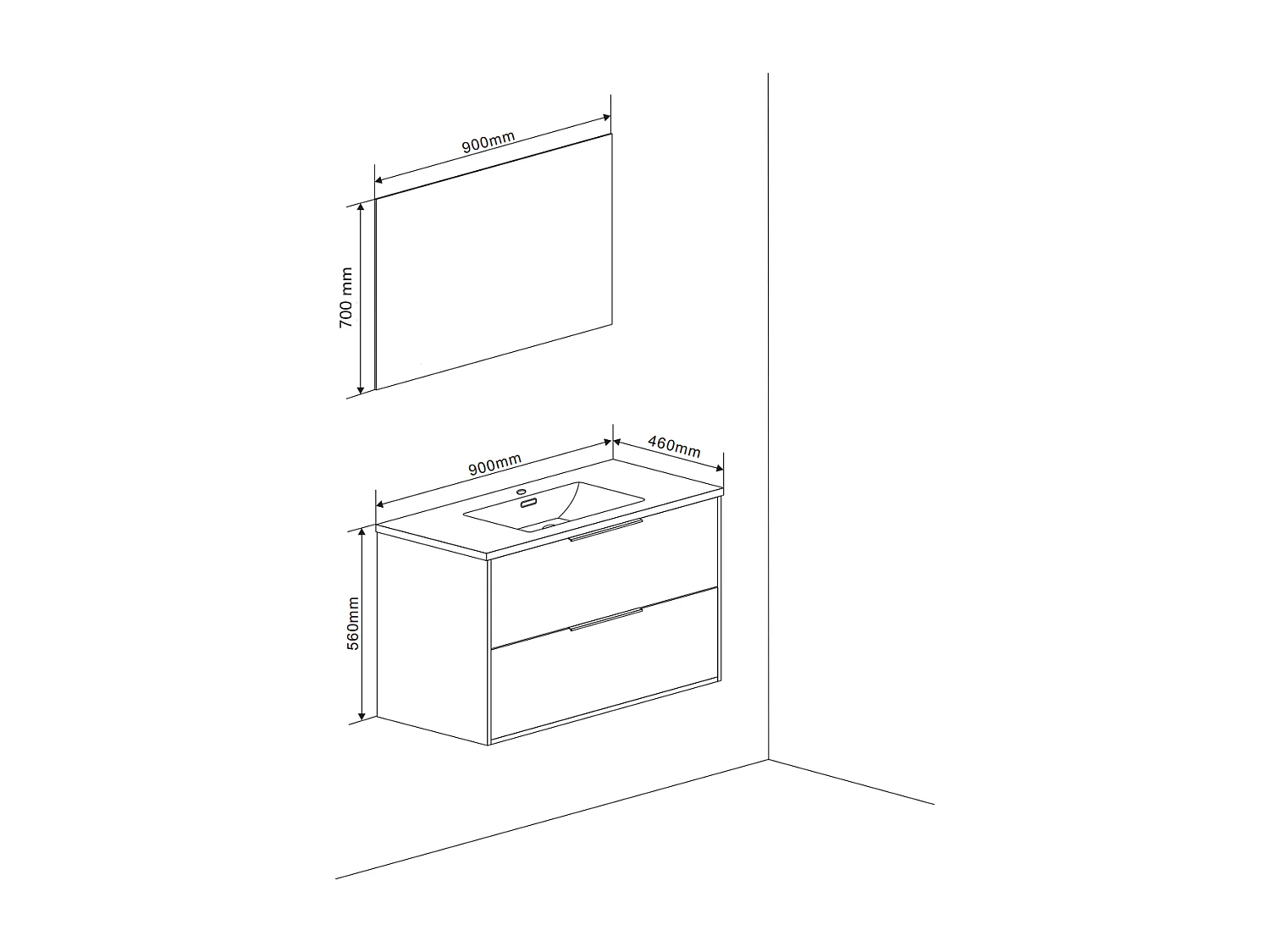 Meuble Blanc Brillant Pour Salle De Bain 90Cm, Poignées Noires Et Miroir Avec Bords Polis | Parigi