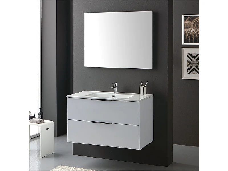 Meuble Blanc Brillant Pour Salle De Bain 90Cm, Poignées Noires Et Miroir Avec Bords Polis | Parigi