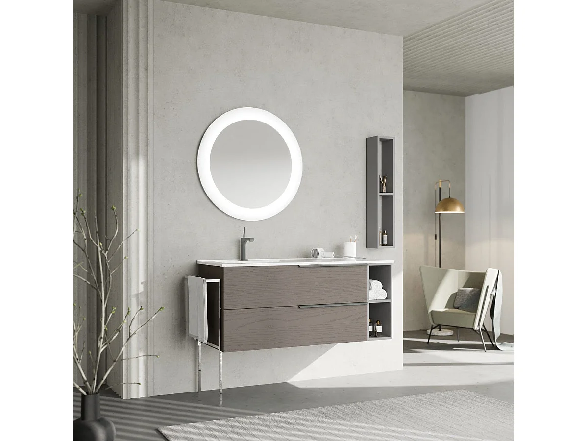 Meuble De Salle De Bains Mural En Frêne Gris De 120 Cm, Porte-Serviettes Chromé | New York