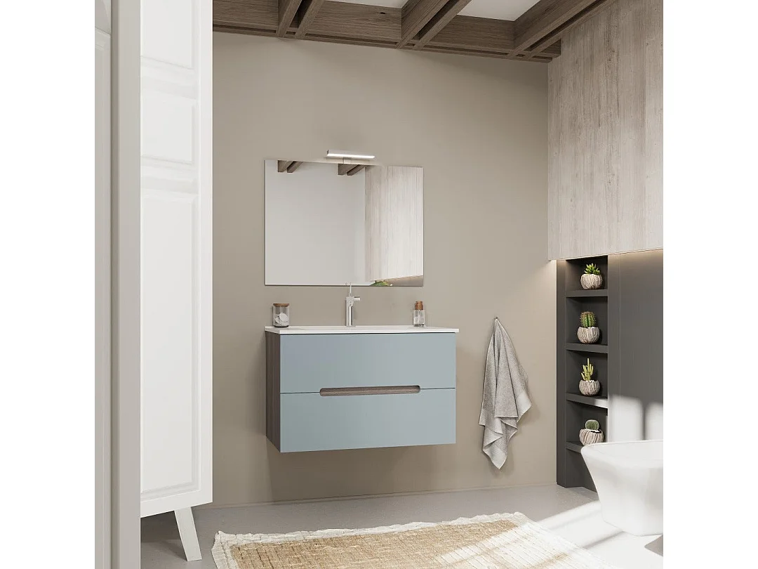 Meuble De Salle De Bain Suspendu 80Cm 2 Tiroirs Couleur Bleu Mat Et Chêne | Magnolia