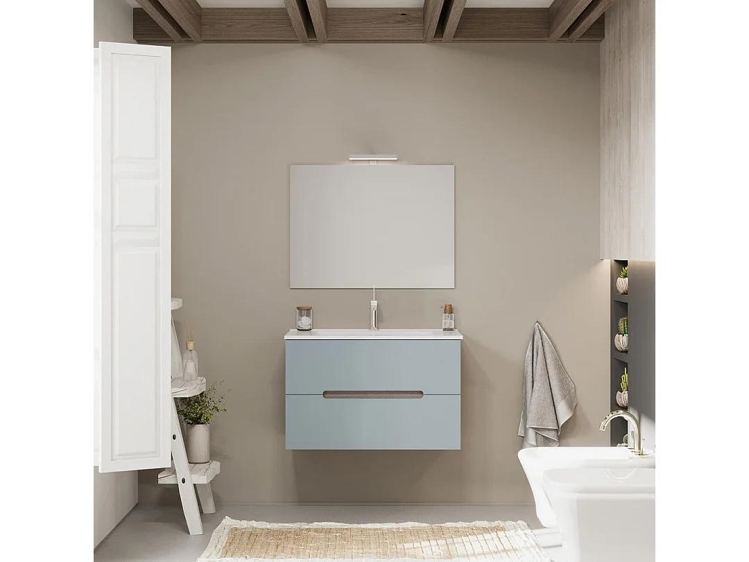 Meuble De Salle De Bain Suspendu 80Cm 2 Tiroirs Couleur Bleu Mat Et Chêne | Magnolia