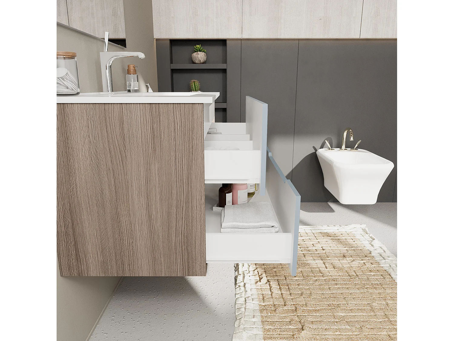 Meuble De Salle De Bain Suspendu 80Cm 2 Tiroirs Couleur Bleu Mat Et Chêne | Magnolia