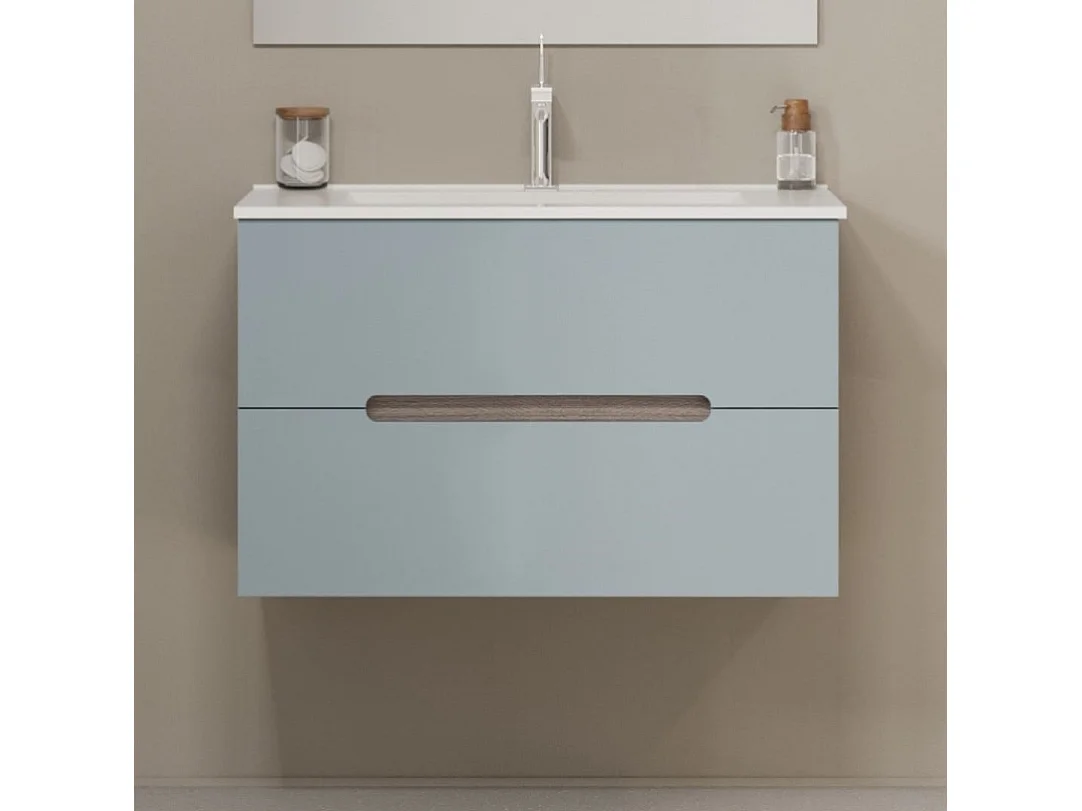 Meuble De Salle De Bain Suspendu 80Cm 2 Tiroirs Couleur Bleu Mat Et Chêne | Magnolia