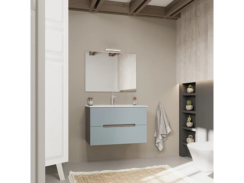 Meuble De Salle De Bain Suspendu 80Cm 2 Tiroirs Couleur Bleu Mat Et Chêne | Magnolia