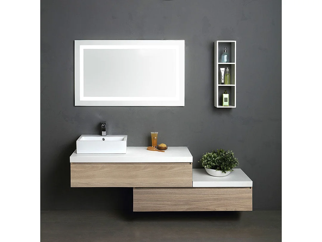 Meuble De Salle De Bain Suspendu 180Cm En Chêne Avec Plateau Blanc | Valentina